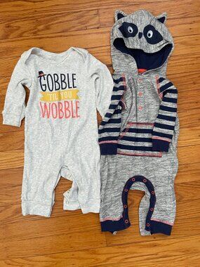 Baby Boy Outfits – Size 0-3m (Raccoon Romper + “Gobble ’Til You Wobble” Onesie)